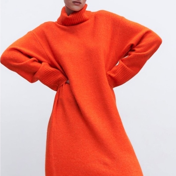 ZARA Oversized Knit Turtleneck Sweater Midi Dress Orange M - Picture 12 of 15
